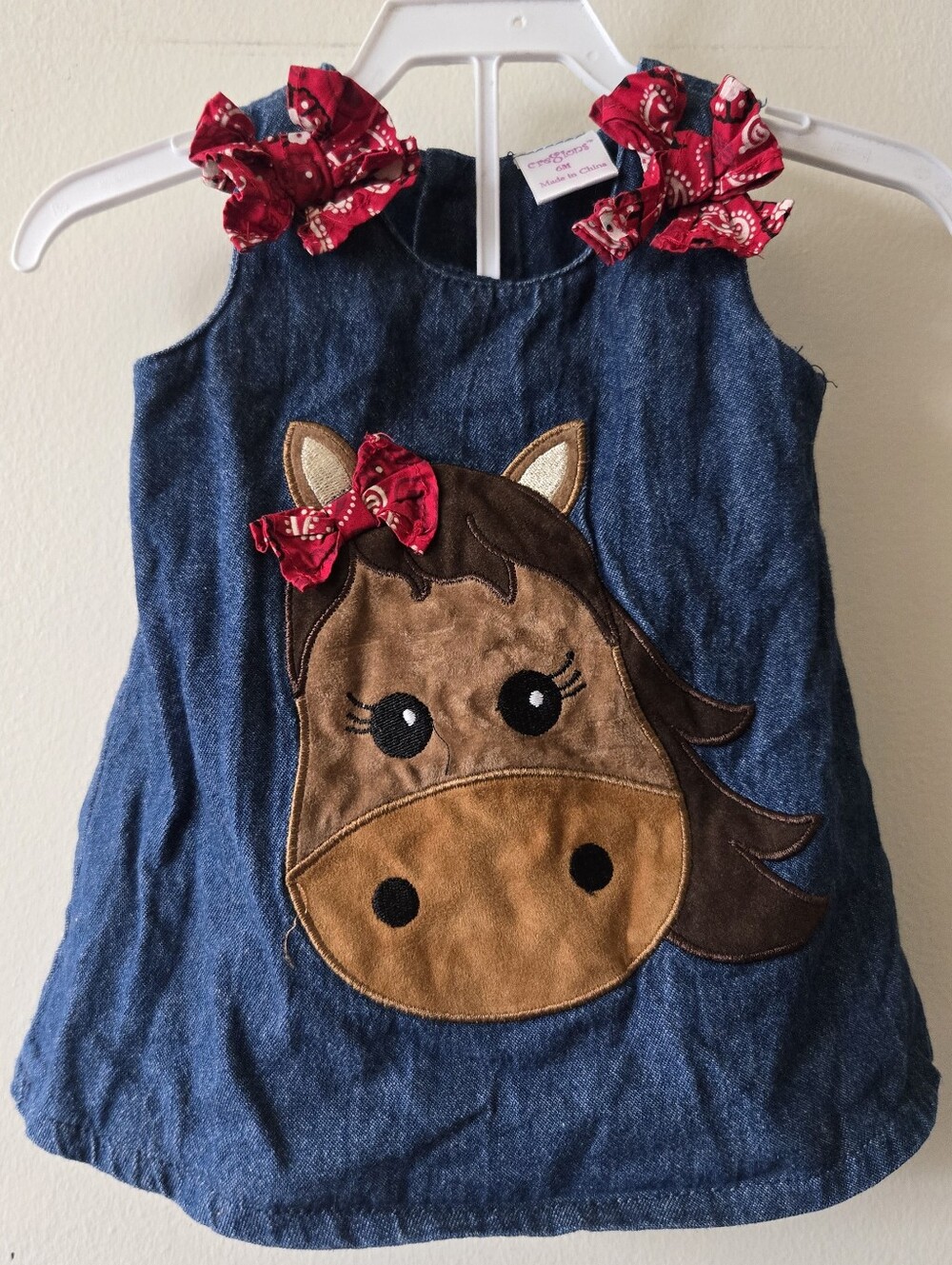 3/$20 Cre8tions Girls Denim Dress with Horse and Red Bow Details Baby 6m